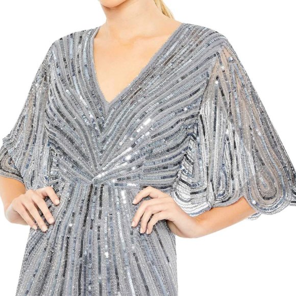MAC DUGGAL 93583 SEQUINED V-NECK CAPE SLEEVE COLUMN SLATE BLUE GOWN sz 18 - Picture 2 of 4